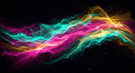 Cosmic Flow: Teal, Pink, and Gold Nebula Swirl: A mesmerizing digital artwork showcasing a vibrant swirl of teal, pink, and gold nebulae against a deep black background.