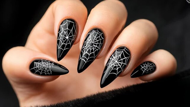 Elegant motion of black spiderweb nail art design on hands