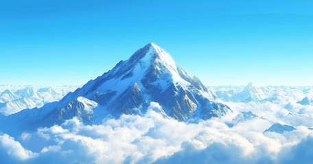 Pristine snow covered mountain peak rising above soft clouds with a clear blue sky in the background, ideal for nature themes.