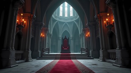 Obraz premium Majestic Gothic castle hall in dark fantasy style with throne, perfect for fantasy decorations