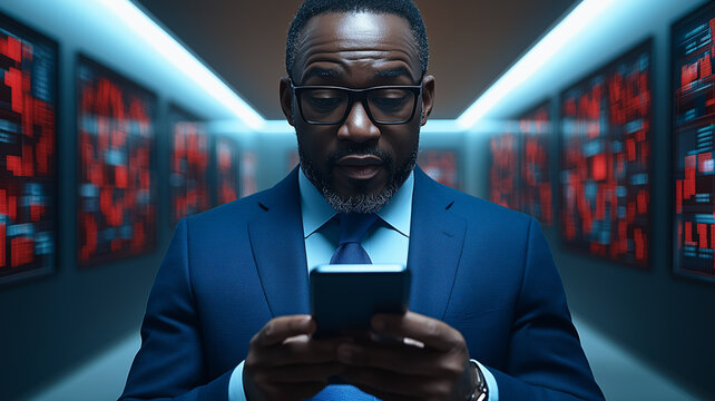 Businessman in a Digital Maze: A focused, serious-looking African American businessman in a suit and tie uses his smartphone in a futuristic, data-filled environment.