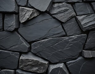 Dark Gray Slate Stone Wall Texture Background: Rugged Irregular Shapes, Close-Up