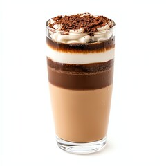 A delicious layered chocolate drink topped with whipped cream and chocolate shavings in a clear glass.