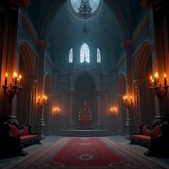 Majestic Gothic castle hall in dark fantasy style with throne, perfect for fantasy decorations