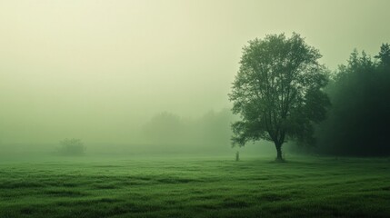 Fototapeta premium Serene Morning Mist Enveloping a Lone Tree in a Lush Green Meadow