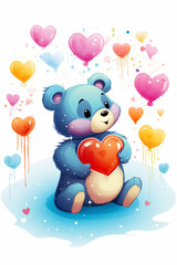 Naklejka premium Cute blue bear holding a red heart surrounded by colorful hearts on a light background