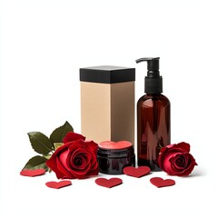 A romantic arrangement featuring a cosmetic bottle, jar, and rose petals, perfect for a gift or self-care moment.