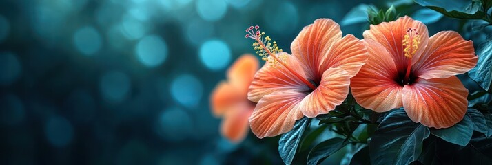 Stunning Peach Hibiscus Blossom in Teal Bokeh