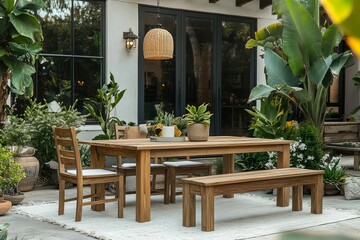 Obraz premium Outdoor Unassembled Solid Wood Dining Set with Chairs and Bench on White Rug. Natural Light Brown Wood with Smooth Finish in Cozy Backyard or Garden.