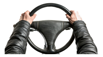 Hands gripping steering wheel while driving with focus and determination transparent background