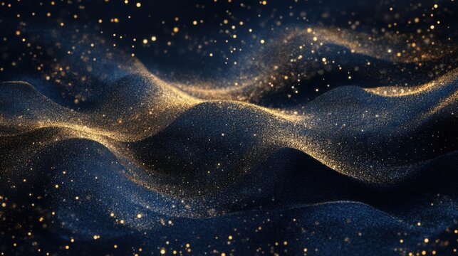 Abstract background with Dark blue, pink, purple wawes and gold particle. Christmas Golden light shine particles on space blue backdrop. Gold foil texture. 