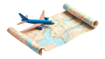 Exploring new horizons with a vintage map and airplane model transparent background