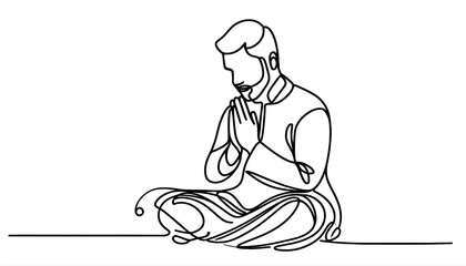  One line drawing  of praying man . Transparent background png file