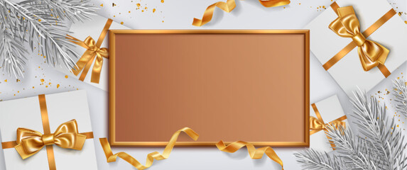 Merry holiday 3d frame composition - white gift boxes decorated with golden ribbons and bows surround wood bordered placeholder. Silver fir branches and curled gold streamers on festive border design.