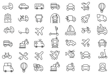  Transport, vehicle, and delivery elements - minimal thin-line web icon set. Outline icons collection. auto, bike, scooter, bulldozer, bus, cable, car, helicopter