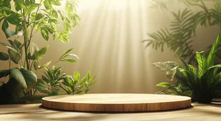 Minimalist wooden pedestal in a botanical inspired space, perfect for showcasing products with an eco friendly vibe