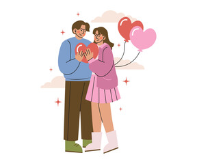 A Couple in Love Holding a Balloon Together. Valentine Concept Illustration