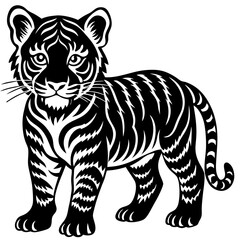 Black and White Tiger Cub Silhouette with Intricate Stripe Patterns Vector