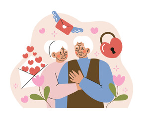 Happy Elderly Couple Love Each Other. Valentine Concept Illustration