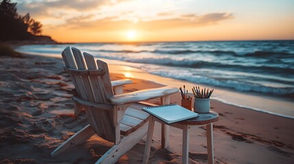 A rustic wooden lounge chair on a quiet beach, paired with a small table holding pencils, brushes, and an art journal, the background featuring gentle waves and a setting sun casting golden hues,