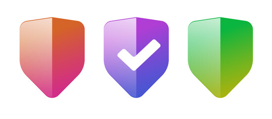 Shield check mark icon vector set, safety secure protection sign modern purple red green color graphic illustration, warranty insurance symbol, safeguard guard guarantee web element image clip art
