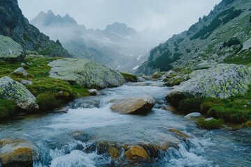 Captivating View of a Clear Mountain Stream Cascading Over Rocks for Nature and Travel Projects