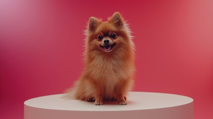 Proud pomeranian on white table with soft pink backdrop