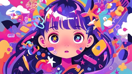 Fototapeta premium Cute child illustration with kawaii doodles surrounding a colorful background
