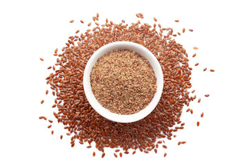 A bowl of Organic Flaxseed (Linum usitatissimum) Flour, placed over a heap of whole Flaxseeds....