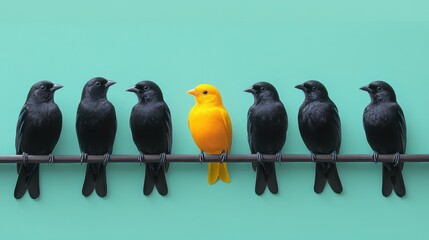 Yellow Bird Among Black Birds Perched on a Branch, contrast in color, visually striking, theme of standing out