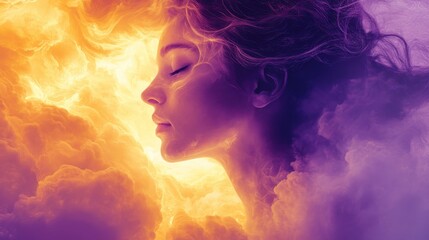 Head of a young beautiful woman in the shiny clouds