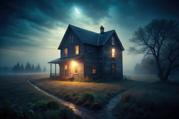 High-resolution image: a creepy, isolated farmhouse in a foggy, rural night.  Spooky gothic horror, depth of field emphasizes the eerie single light.