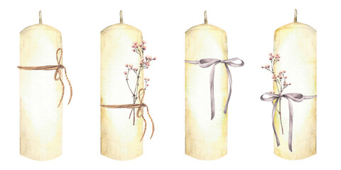 White candle set decorated with bows and dried twig with pink flowers . Watercolor illustration for the church religious holidays, baptism, wedding, Easter card. Hand drawn isolated from background