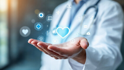 Healthcare professional demonstrating digital health solutions in a clinical setting with glowing icons