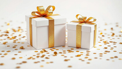 Elegant white gift boxes with gold ribbons surrounded by festive confetti for special occasions