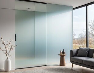 Modern Minimalist Living Room with Frosted Glass Sliding Door and Gray Sofa