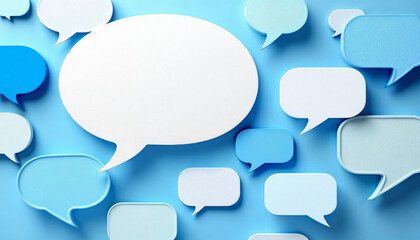 Colorful speech bubbles on a blue background create a vibrant atmosphere for communication and expression