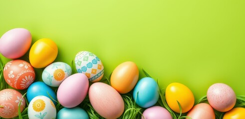 Fototapeta premium Colorful Easter eggs with floral and decorative patterns on green grass against a bright green background with copy space
