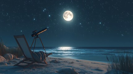 A simple lounge chair on a quiet beach, paired with a telescope pointing to a radiant starry sky, a warm blanket adding comfort, the moonlight creating a soft, ethereal glow over the sand and waves,