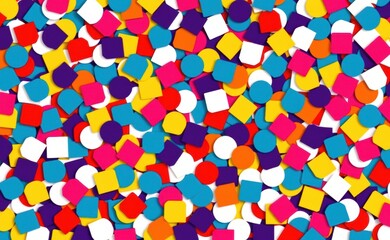 A whimsical scene with colorful confetti raining down from a vibrant sky over a field of flowers, creating a joyful and celebratory atmosphere.