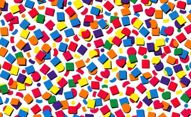 A whimsical scene with colorful confetti raining down from a vibrant sky over a field of flowers, creating a joyful and celebratory atmosphere.