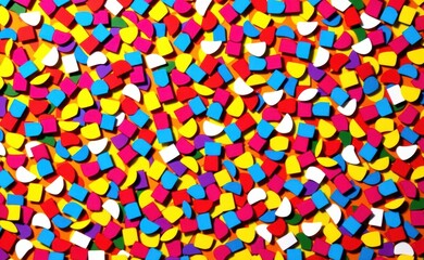 A whimsical scene with colorful confetti raining down from a vibrant sky over a field of flowers, creating a joyful and celebratory atmosphere.