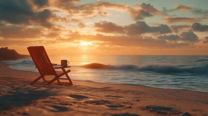A solitary lounge chair with a coffee mug, set on golden sands under a vibrant sunrise, the ocean waves gently rolling in the background, warm and serene light enveloping the scene, hd quality,
