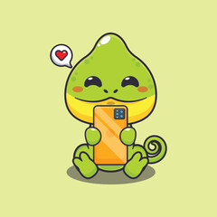 Chameleon with phone cartoon vector illustration