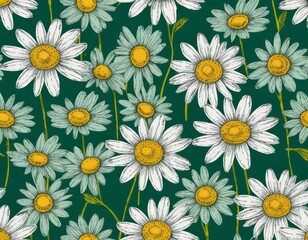 Fototapeta premium Seamless Pattern: Elegant Hand-Drawn Daisies on Deep Green Background, Botanical Illustration, Floral Design