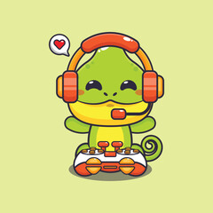 Chameleon gamer cartoon vector illustration