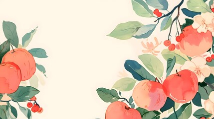 apples and flowers and green leafs snd floret watercolor background invitation template, Generative AI