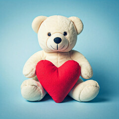 teddy bear with heart shaped pillow. White Teddy Bear Holding Red Heart on Light Blue Background. teddy day design.