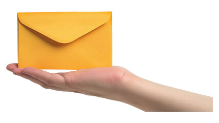 Bright yellow envelope captured in a hand against a white background transparent background