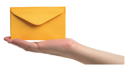 Bright yellow envelope captured in a hand against a white background transparent background